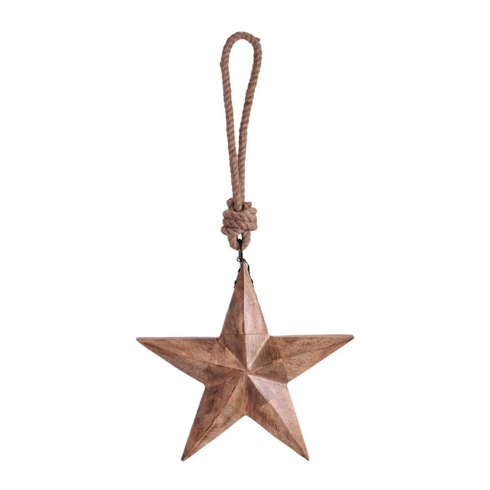 NEW MELROSE hand-carved wood star ornament with jute rope hanger in natural